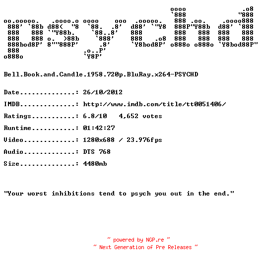 NFO for the release Bell.Book.and.Candle.1958.720p.BluRay.x264-PSYCHD by PSYCHD