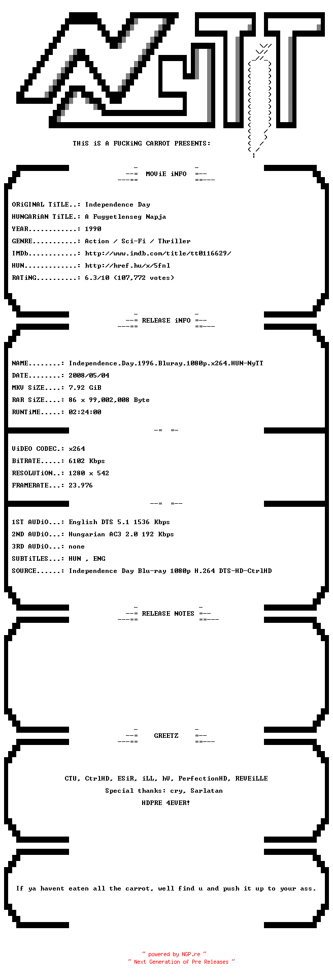NFO for the release Independence.Day.1996.Bluray.720p.x264.HUN-NyTT by NyTT