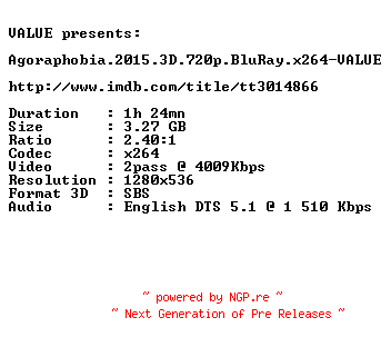 NFO for the release Agoraphobia.2015.3D.720p.BluRay.x264-VALUE by VALUE