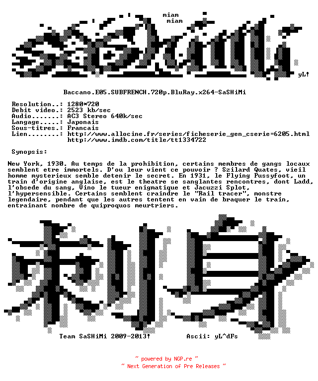 NFO for the release Baccano.E05.SUBFRENCH.720p.BluRay.x264-SASHiMi by SASHiMi