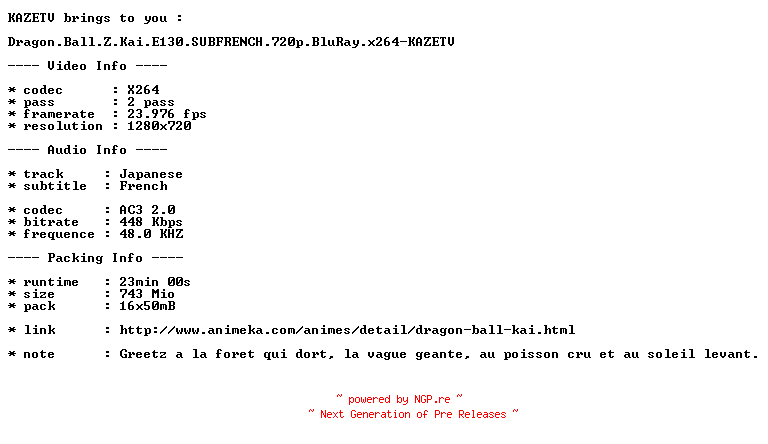 NFO for the release Dragon.Ball.Z.Kai.E130.SUBFRENCH.720p.BluRay.x264-KAZETV by KAZETV
