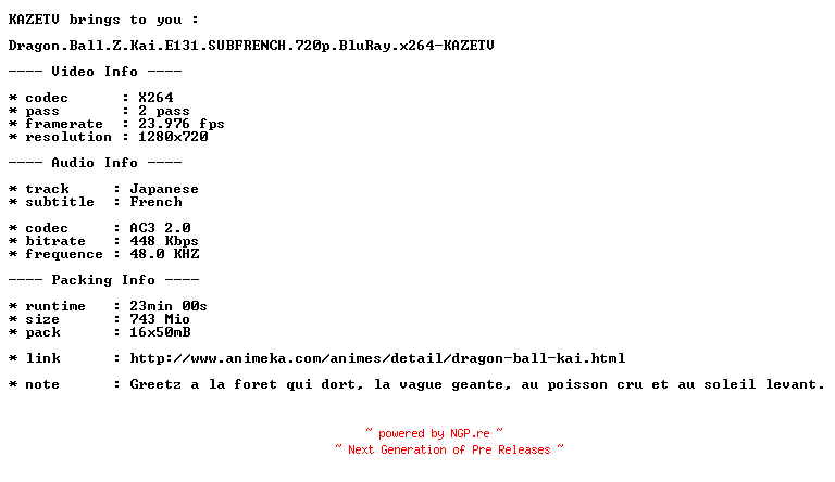 NFO for the release Dragon.Ball.Z.Kai.E131.SUBFRENCH.720p.BluRay.x264-KAZETV by KAZETV