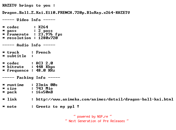 NFO for the release Dragon.Ball.Z.Kai.E110.FRENCH.720p.BluRay.x264-KAZETV by KAZETV