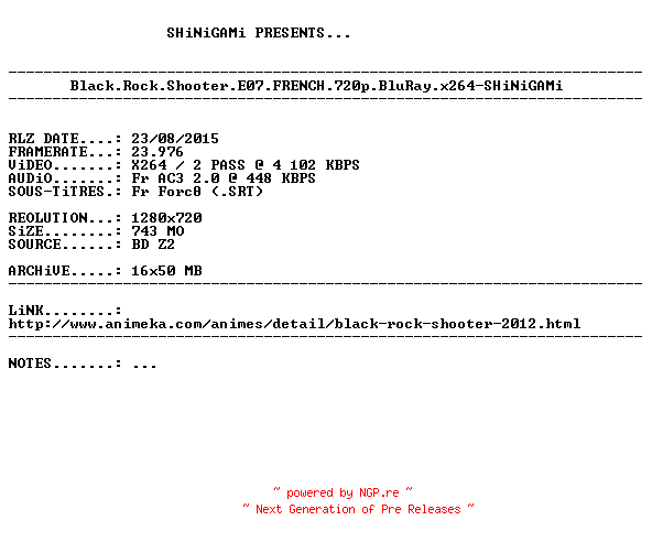 NFO for the release Black.Rock.Shooter.E07.FRENCH.720p.BluRay.x264-SHiNiGAMi by SHiNiGAMi