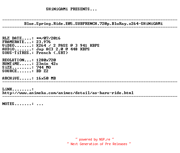 NFO for the release Blue.Spring.Ride.E05.SUBFRENCH.720p.BluRay.x264-SHiNiGAMi by SHiNiGAMi