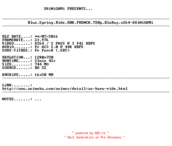 NFO for the release Blue.Spring.Ride.E08.FRENCH.720p.BluRay.x264-SHiNiGAMi by SHiNiGAMi