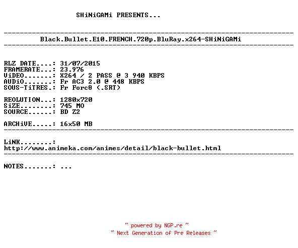 NFO for the release Black.Bullet.E10.FRENCH.720p.BluRay.x264-SHiNiGAMi by SHiNiGAMi