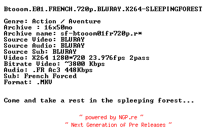 NFO for the release Btooom.E01.FRENCH.720p.BLURAY.X264-SLEEPINGFOREST by SLEEPINGFOREST