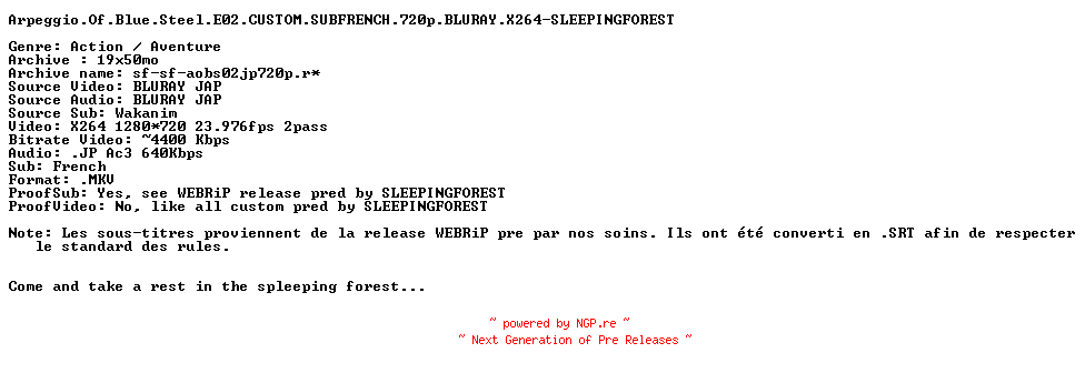 NFO for the release Arpeggio.Of.Blue.Steel.E02.CUSTOM.SUBFRENCH.720p.BLURAY.X264-SLEEPINGFOREST by SLEEPINGFOREST