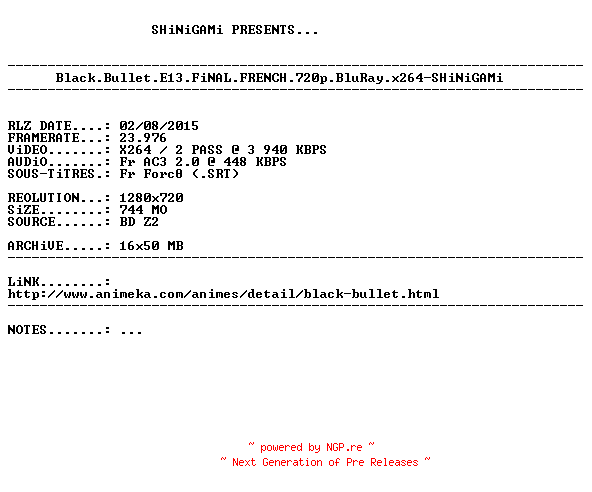 NFO for the release Black.Bullet.E13.FiNAL.FRENCH.720p.BluRay.x264-SHiNiGAMi by SHiNiGAMi