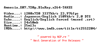 NFO for the release Amnesia.E07.720p.BluRay.x264-TAXES by TAXES