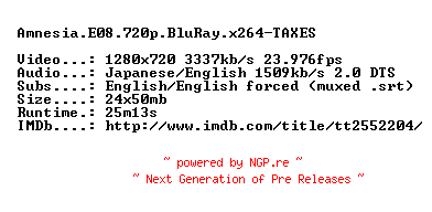 NFO for the release Amnesia.E08.720p.BluRay.x264-TAXES by TAXES