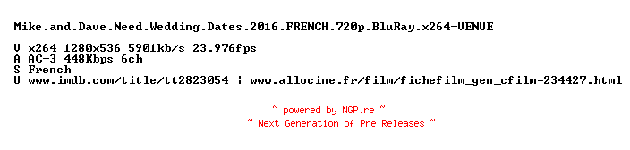 NFO for the release Mike.and.Dave.Need.Wedding.Dates.2016.FRENCH.720p.BluRay.x264-VENUE by VENUE