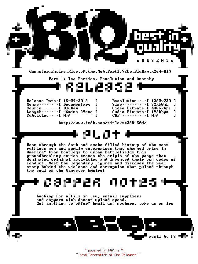 NFO for the release Gangster.Empire.Rise.of.the.Mob.Part1.720p.BluRay.x264-BiQ by BiQ