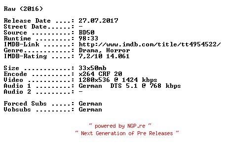 NFO for the release Raw.2016.German.720p.BluRay.x264-SPiCY by SPiCY