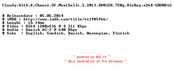 NFO for the release Cloudy.With.A.Chance.Of.Meatballs.2.2013.DANiSH.720p.BluRay.x264-GRUNDiG by GRUNDiG