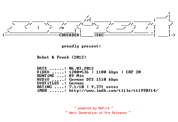 NFO for the release Robot.und.Frank.German.720p.BluRay.x264-CONFiDENT by CONFiDENT