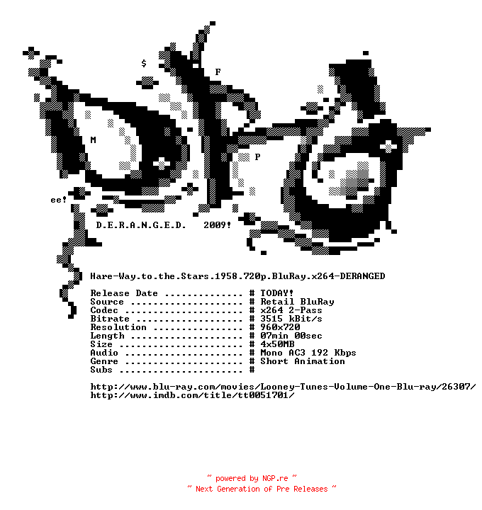 NFO for the release Hare-Way.to.the.Stars.1958.720p.BluRay.x264-DERANGED by DERANGED