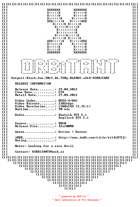 NFO for the release Outpost.Black.Sun.2012.German.DL.720p.BLURAY.x264-XORBiTANT by XORBiTANT
