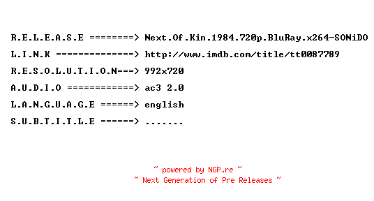 NFO for the release Next.Of.Kin.1984.720p.BluRay.x264-SONiDO by SONiDO
