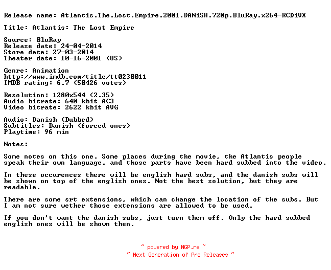 NFO for the release Atlantis.The.Lost.Empire.2001.DANiSH.720p.BluRay.x264-RCDiVX by RCDiVX