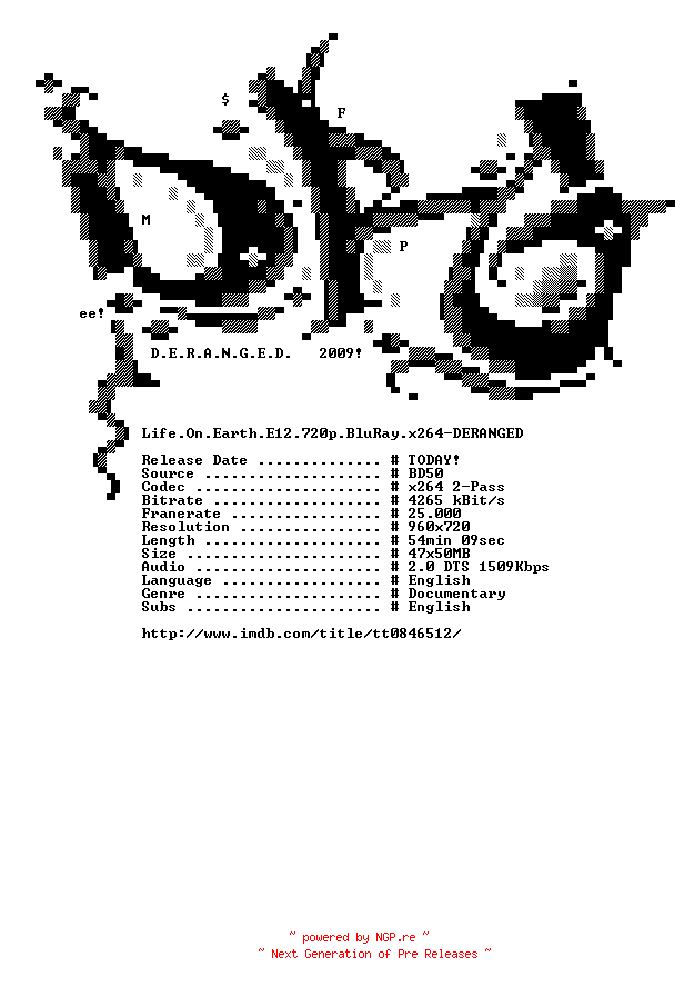 NFO for the release Life.On.Earth.E12.720p.BluRay.x264-DERANGED by DERANGED