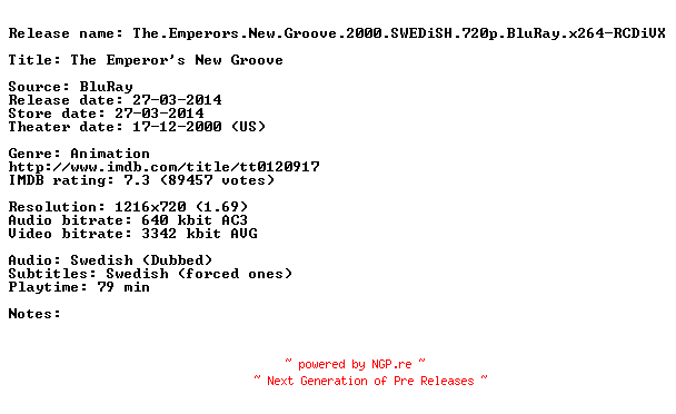 NFO for the release The.Emperors.New.Groove.2000.SWEDiSH.720p.BluRay.x264-RCDiVX by RCDiVX