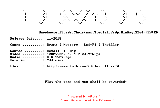 NFO for the release Warehouse.13.S02.Christmas.Special.720p.BluRay.X264-REWARD by REWARD