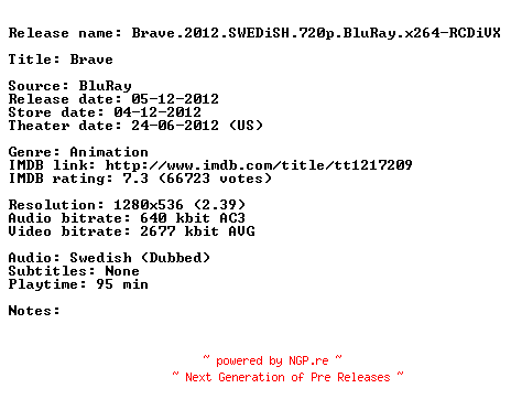 NFO for the release Brave.2012.SWEDiSH.720p.BluRay.x264-RCDiVX by RCDiVX