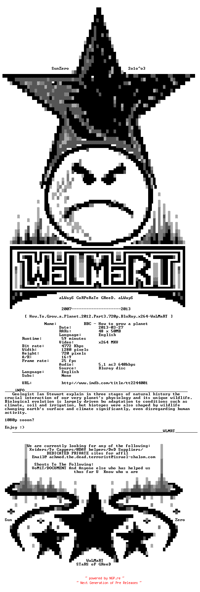 NFO for the release How.To.Grow.a.Planet.2012.Part3.720p.BluRay.x264-WaLMaRT by WaLMaRT