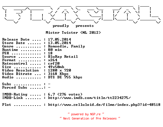 NFO for the release Mister.Twister.2012.German.720p.BluRay.x264-FRACTAL by FRACTAL