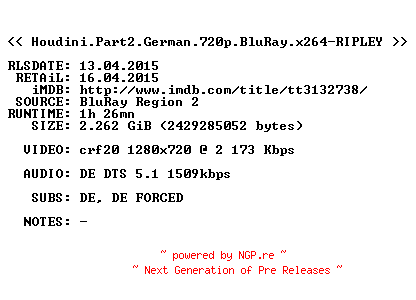 NFO for the release Houdini.Part2.German.720p.BluRay.x264-RIPLEY by RIPLEY