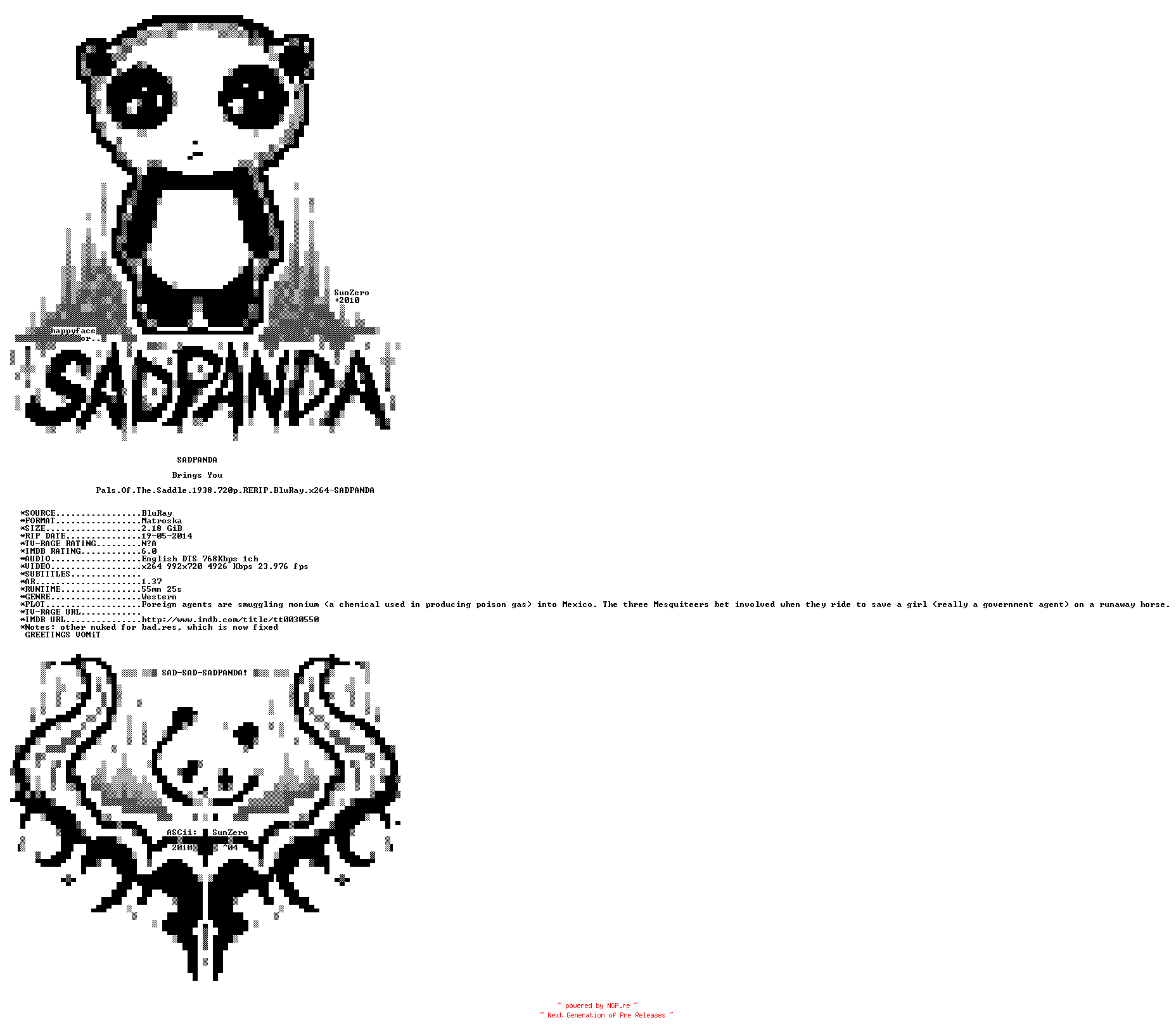 NFO for the release Pals.Of.The.Saddle.1938.720p.RERIP.BluRay.x264-SADPANDA by SADPANDA