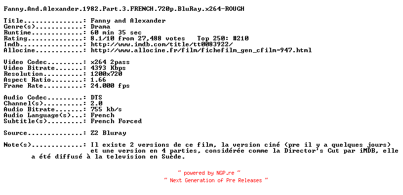 NFO for the release Fanny.And.Alexander.1982.Part.3.FRENCH.720p.BluRay.x264-ROUGH by ROUGH