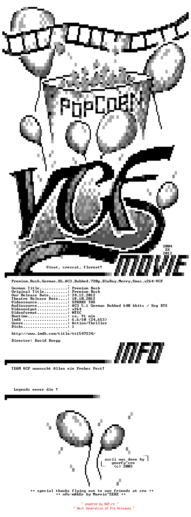 NFO for the release Premium.Rush.German.DL.AC3.Dubbed.720p.BluRay.Merry.Xmas.x264-VCF by VCF