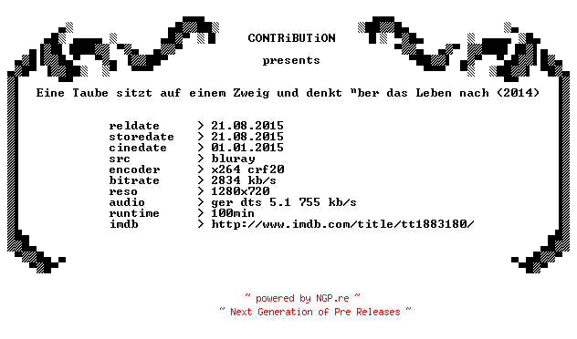 NFO for the release Eine.Taube.sitzt.auf.einem.Zweig.und.denkt.ueber.das.Leben.nach.2014.German.720p.BluRay.x264-CONTRiBUTiON by CONTRiBUTiON