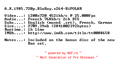 NFO for the release A.K.1985.720p.BluRay.x264-BiPOLAR by BiPOLAR
