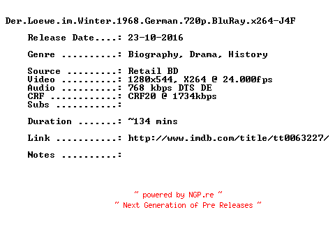 NFO for the release Der.Loewe.im.Winter.1968.German.720p.BluRay.x264-J4F by J4F
