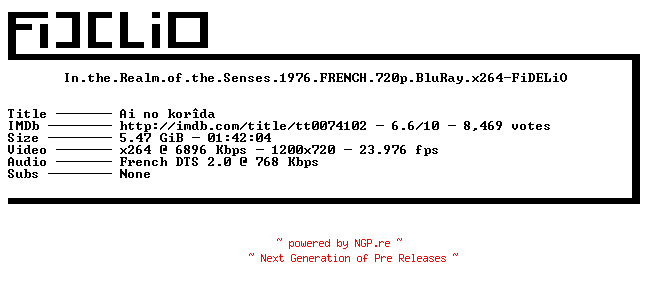 NFO for the release In.the.Realm.of.the.Senses.1976.FRENCH.720p.BluRay.x264-FiDELiO by FiDELiO