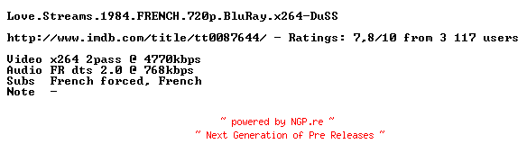 NFO for the release Love.Streams.1984.FRENCH.720p.BluRay.x264-DuSS by DuSS