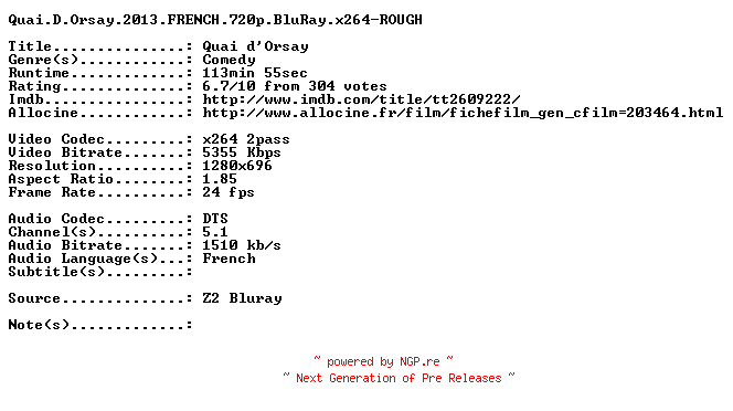 NFO for the release Quai.D.Orsay.2013.FRENCH.720p.BluRay.x264-ROUGH by ROUGH