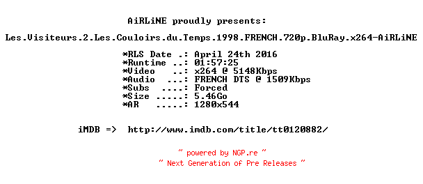 NFO for the release Les.Visiteurs.2.Les.Couloirs.du.Temps.1998.FRENCH.720p.BluRay.x264-AiRLiNE by AiRLiNE