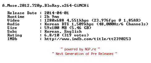 NFO for the release A.Muse.2012.720p.BluRay.x264-GiMCHi by GiMCHi