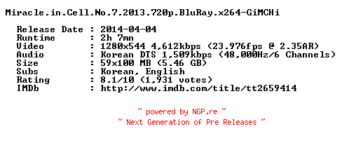 NFO for the release Miracle.in.Cell.No.7.2013.720p.BluRay.x264-GiMCHi by GiMCHi