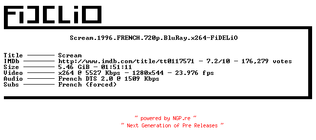 NFO for the release Scream.1996.FRENCH.720p.BluRay.x264-FiDELiO by FiDELiO