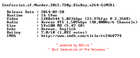 NFO for the release Confession.of.Murder.2012.720p.BluRay.x264-GiMCHi by GiMCHi