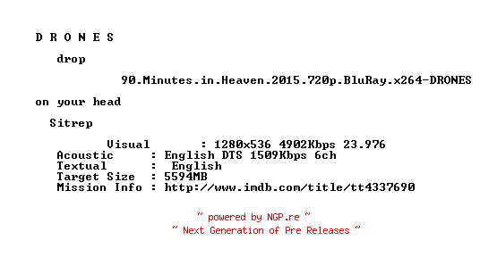 NFO for the release 90.Minutes.in.Heaven.2015.720p.BluRay.x264-DRONES by DRONES