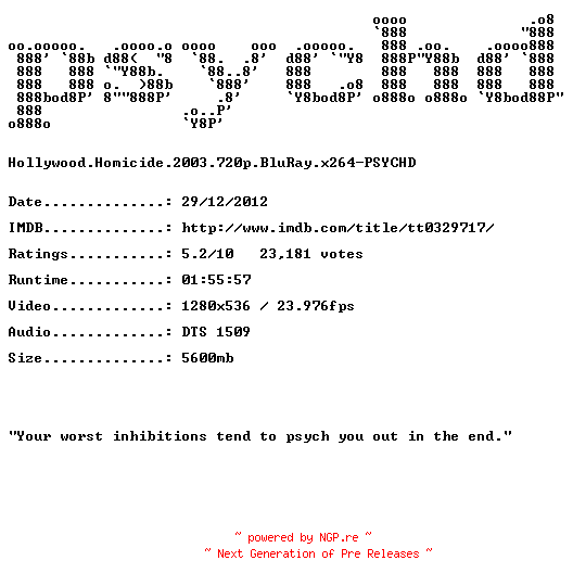 NFO for the release Hollywood.Homicide.2003.720p.BluRay.x264-PSYCHD by PSYCHD