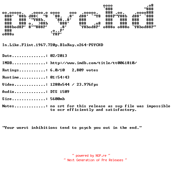 NFO for the release In.Like.Flint.1967.720p.BluRay.x264-PSYCHD by PSYCHD