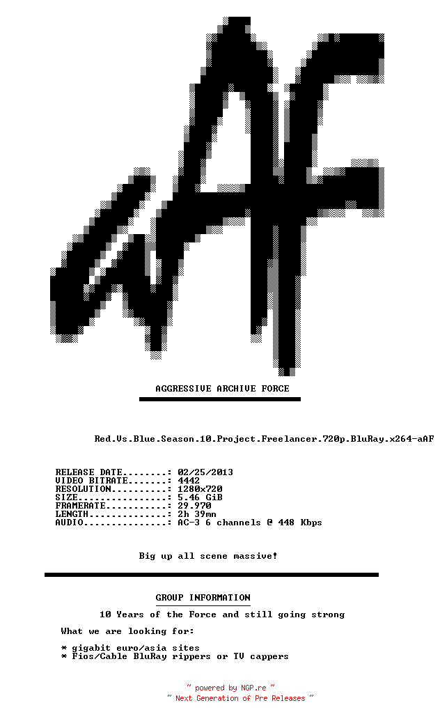 NFO for the release Red.Vs.Blue.Season.10.Project.Freelancer.720p.BluRay.x264-aAF by aAF